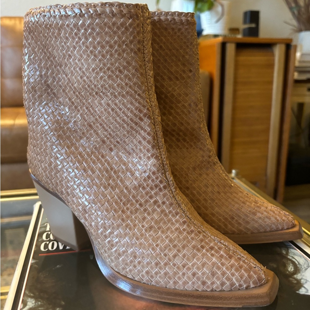 Miista Tan Ankle Boots with Woven Texture